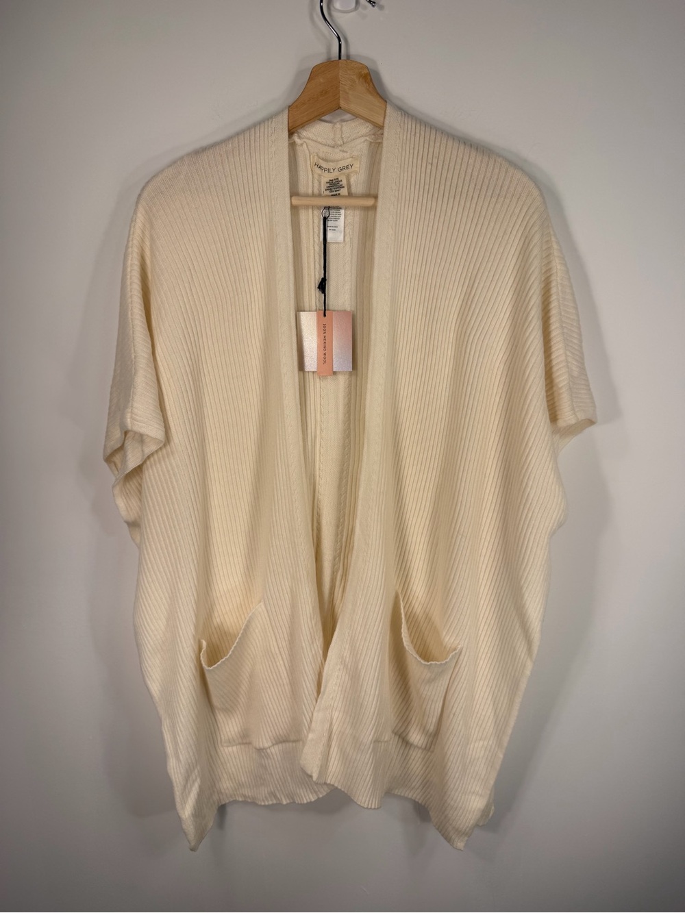 Light Cream Open-Front Ribbed Short-Sleeve Open Poncho 100% Merino Wool